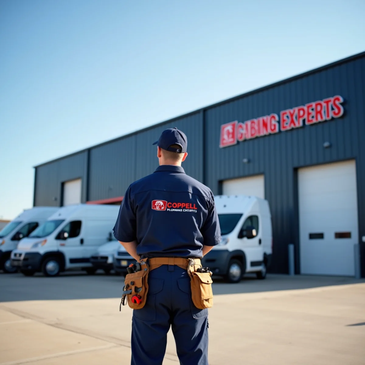 Coppell Plumbing Experts shop facility and service vehicles on Hackberry Road Coppell TX