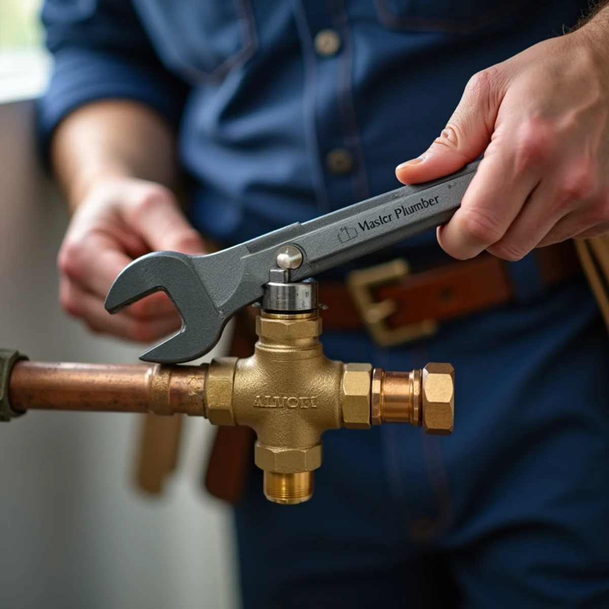 Master plumber inspecting copper pipe valves and pressure gauge