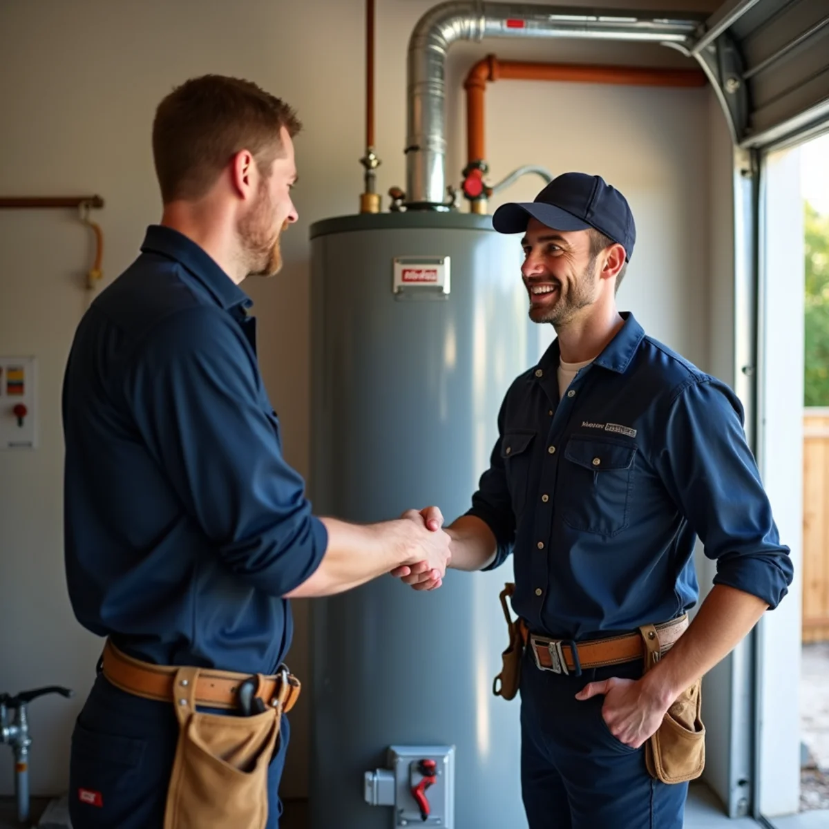 Satisfied Coppell Texas homeowner standing with Coppell Plumbing Experts technician after successful repair