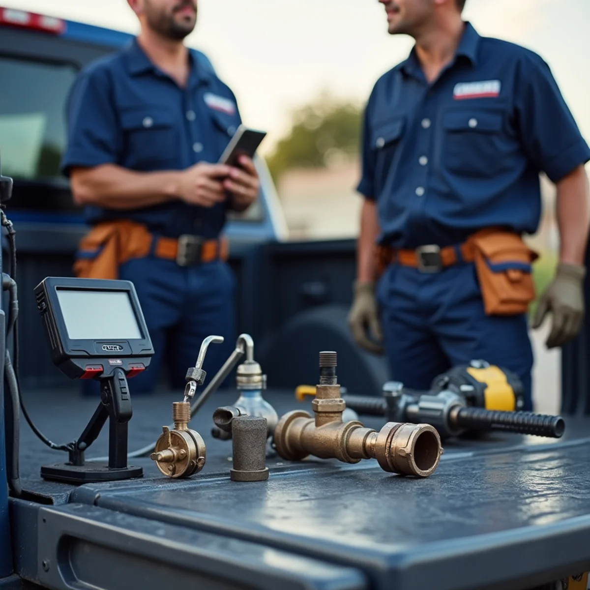 Licensed master plumbers equipped with service tools and pipe inspection cameras in Coppell TX